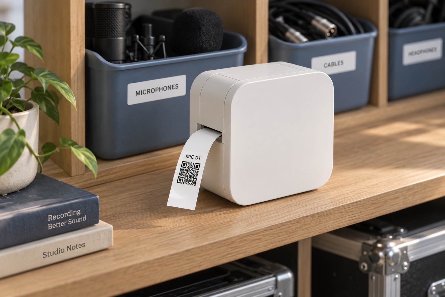 Illustration of a small white cube label printer on a storage shelf, feeding out a white label with a QR code
