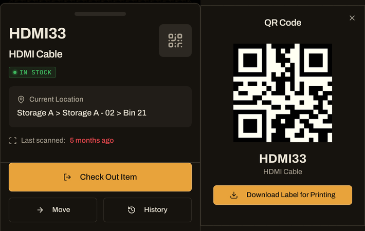 Item panel with the QR square at the top right and the QR Code window with Download Label for Printing