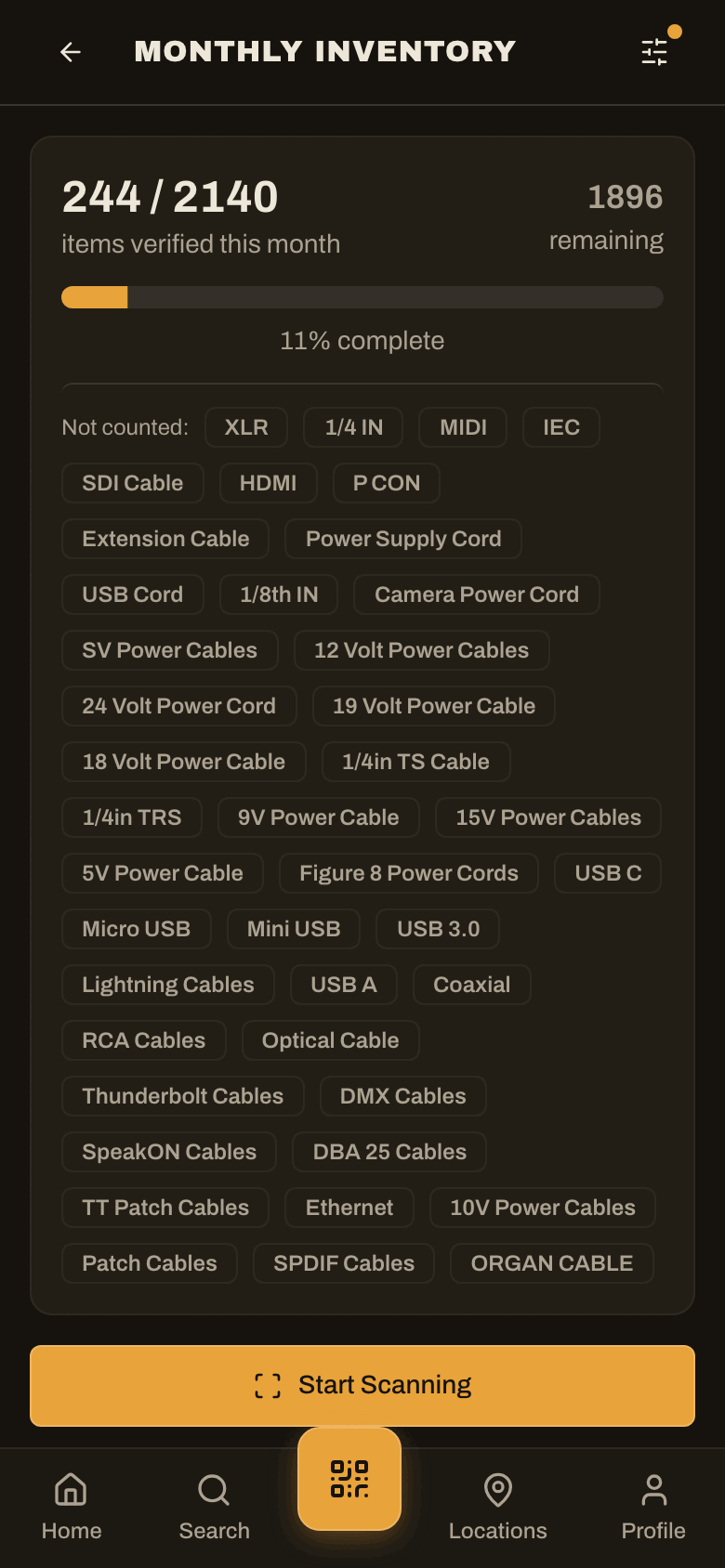 Monthly Inventory page showing items verified this month and remaining
