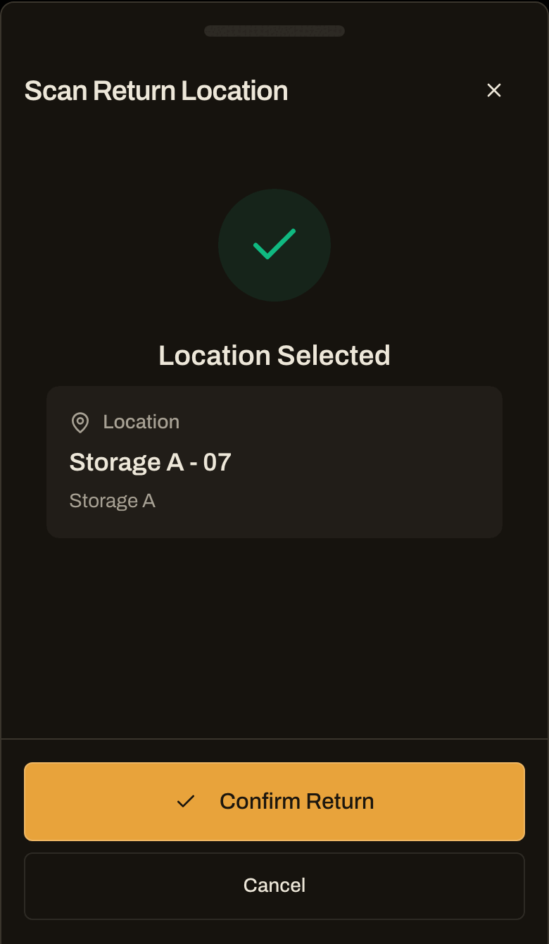 Scan Return Location screen showing the Location Selected card and Confirm Return button