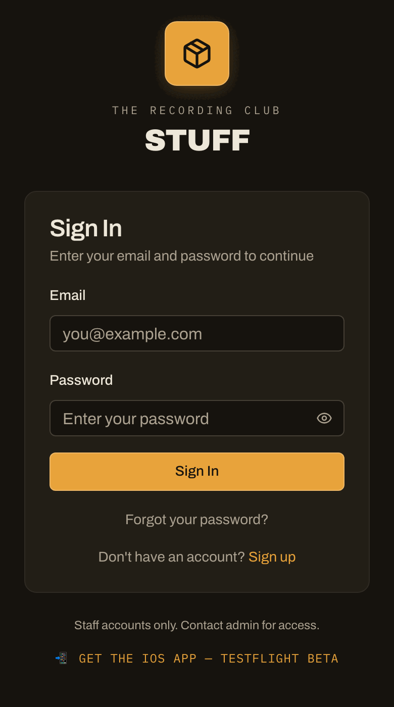 Stuff sign-in card with the Sign up link under the Sign In button